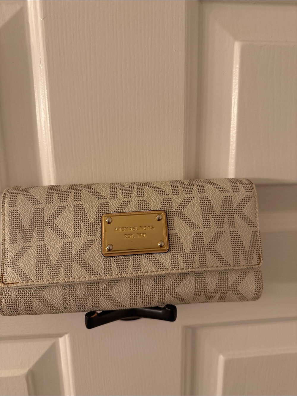 Michael Kors Cream Logo Continental Wallet with Gold Plaque